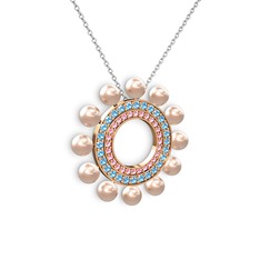 Pembe inci, pembe kuvars ve akuamarin 18 ayar rose altın kolye (40 cm beyaz altın rolo zincir)