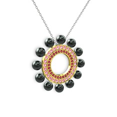 Siyah inci, rodolit garnet ve pembe kuvars 925 ayar altın kaplama gümüş kolye (40 cm beyaz altın rolo zincir)