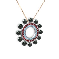 Velinda İnci Kolye - Siyah inci, akuamarin ve garnet 18 ayar beyaz altın kolye (40 cm rose altın rolo zincir) #injnxs