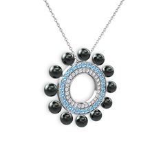 Velinda İnci Kolye - Siyah inci, swarovski ve akuamarin 8 ayar beyaz altın kolye (40 cm gümüş rolo zincir) #j07iou