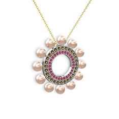 Velinda İnci Kolye - Pembe inci, rodolit garnet ve dumanlı kuvars 14 ayar beyaz altın kolye (40 cm gümüş rolo zincir) #j4nv79