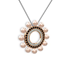 Velinda İnci Kolye - Pembe inci, akuamarin ve siyah zirkon 8 ayar rose altın kolye (40 cm gümüş rolo zincir) #j8j4ki