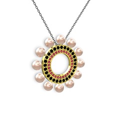 Velinda İnci Kolye - Pembe inci, rodolit garnet ve siyah zirkon 18 ayar altın kolye (40 cm gümüş rolo zincir) #je9r9x
