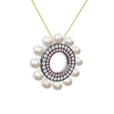 Inci, pembe kuvars ve pırlanta 925 ayar siyah rodyum kaplama gümüş kolye (0.2464 karat, 40 cm altın rolo zincir)