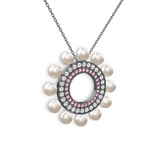 Velinda İnci Kolye - Inci, pembe kuvars ve swarovski 925 ayar siyah rodyum kaplama gümüş kolye (40 cm gümüş rolo zincir) #jex876