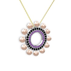 Velinda İnci Kolye - Pembe inci, ametist ve siyah zirkon 18 ayar beyaz altın kolye (40 cm altın rolo zincir) #jxpeoi