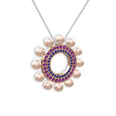 Velinda İnci Kolye - Pembe inci, lab safir ve ametist 8 ayar rose altın kolye (40 cm beyaz altın rolo zincir) #k0ekql