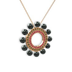 Velinda İnci Kolye - Siyah inci, rodolit garnet ve dumanlı kuvars 14 ayar rose altın kolye (40 cm rose altın rolo zincir) #k4u54l