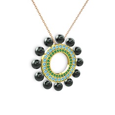 Velinda İnci Kolye - Siyah inci, yeşil kuvars ve akuamarin 18 ayar altın kolye (40 cm rose altın rolo zincir) #k7765c