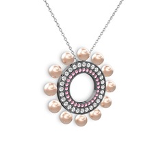 Pembe inci, pembe kuvars ve pırlanta 925 ayar siyah rodyum kaplama gümüş kolye (0.2464 karat, 40 cm beyaz altın rolo zincir)