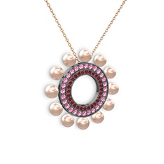 Velinda İnci Kolye - Pembe inci, garnet ve pembe kuvars 925 ayar siyah rodyum kaplama gümüş kolye (40 cm rose altın rolo zincir) #kalegp