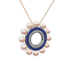 Velinda İnci Kolye - Pembe inci, pırlanta ve lab safir 925 ayar siyah rodyum kaplama gümüş kolye (0.42 karat, 40 cm rose altın rolo zincir) #kezge1