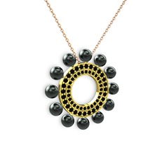 Velinda İnci Kolye - Siyah inci ve siyah zirkon 8 ayar altın kolye (40 cm rose altın rolo zincir) #libtf4