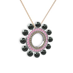 Velinda İnci Kolye - Siyah inci, dumanlı kuvars ve pembe kuvars 18 ayar beyaz altın kolye (40 cm rose altın rolo zincir) #lu4p04