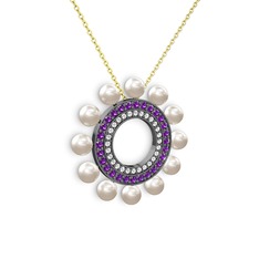 Velinda İnci Kolye - Inci, swarovski ve ametist 925 ayar siyah rodyum kaplama gümüş kolye (40 cm gümüş rolo zincir) #ly4lfk