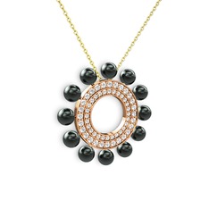 Velinda İnci Kolye - Siyah inci, swarovski ve pırlanta 14 ayar rose altın kolye (0.2464 karat, 40 cm altın rolo zincir) #m53c74