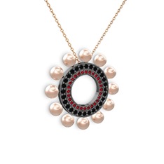 Pembe inci, garnet ve siyah zirkon 925 ayar siyah rodyum kaplama gümüş kolye (40 cm rose altın rolo zincir)