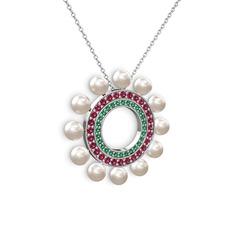 Velinda İnci Kolye - Inci, yeşil kuvars ve rodolit garnet 8 ayar beyaz altın kolye (40 cm gümüş rolo zincir) #n0qzz4