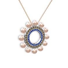 Pembe inci, lab safir ve dumanlı kuvars 18 ayar beyaz altın kolye (40 cm rose altın rolo zincir)