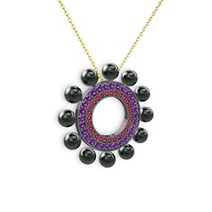 Velinda İnci Kolye - Siyah inci, rodolit garnet ve ametist 925 ayar siyah rodyum kaplama gümüş kolye (40 cm altın rolo zincir) #nf0qys