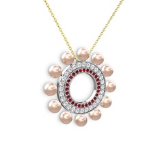 Velinda İnci Kolye - Pembe inci, garnet ve pırlanta 18 ayar beyaz altın kolye (0.2464 karat, 40 cm altın rolo zincir) #nifvc0