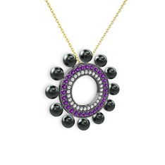 Velinda İnci Kolye - Siyah inci, swarovski ve ametist 925 ayar siyah rodyum kaplama gümüş kolye (40 cm altın rolo zincir) #o4szkg