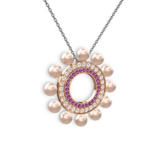 Velinda İnci Kolye - Pembe inci, ametist ve swarovski 18 ayar rose altın kolye (40 cm gümüş rolo zincir) #ok9pss