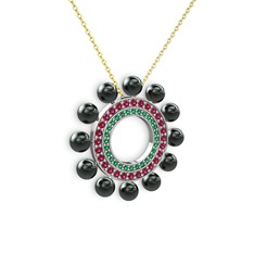 Velinda İnci Kolye - Siyah inci, yeşil kuvars ve rodolit garnet 18 ayar beyaz altın kolye (40 cm gümüş rolo zincir) #oob28e