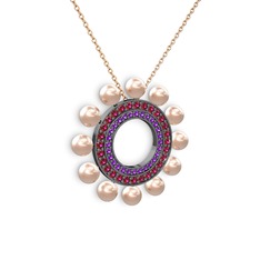 Velinda İnci Kolye - Pembe inci, ametist ve rodolit garnet 925 ayar siyah rodyum kaplama gümüş kolye (40 cm rose altın rolo zincir) #p0e59t