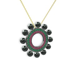 Velinda İnci Kolye - Siyah inci, rodolit garnet ve yeşil kuvars 925 ayar siyah rodyum kaplama gümüş kolye (40 cm altın rolo zincir) #phst6r