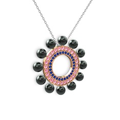 Siyah inci, lab safir ve pembe kuvars 18 ayar rose altın kolye (40 cm beyaz altın rolo zincir)