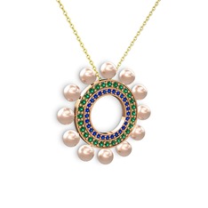 Velinda İnci Kolye - Pembe inci, lab safir ve yeşil kuvars 14 ayar rose altın kolye (40 cm altın rolo zincir) #q02xlo