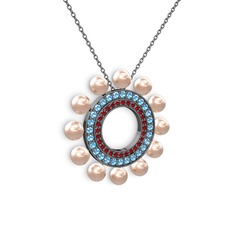 Velinda İnci Kolye - Pembe inci, garnet ve akuamarin 925 ayar siyah rodyum kaplama gümüş kolye (40 cm gümüş rolo zincir) #qbgzvt