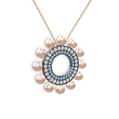 Pembe inci, akuamarin ve swarovski 925 ayar siyah rodyum kaplama gümüş kolye (40 cm rose altın rolo zincir)