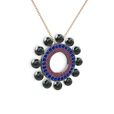 Velinda İnci Kolye - Siyah inci, rodolit garnet ve lab safir 925 ayar siyah rodyum kaplama gümüş kolye (40 cm rose altın rolo zincir) #qmy933