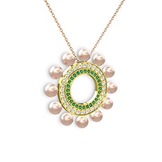 Pembe inci, yeşil kuvars ve pırlanta 14 ayar altın kolye (0.2464 karat, 40 cm rose altın rolo zincir)