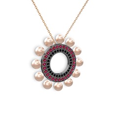 Velinda İnci Kolye - Pembe inci, siyah zirkon ve rodolit garnet 925 ayar siyah rodyum kaplama gümüş kolye (40 cm gümüş rolo zincir) #r9r65x