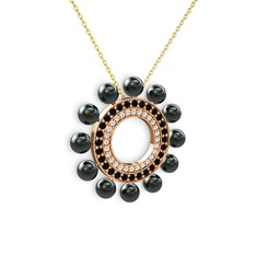 Velinda İnci Kolye - Siyah inci, pırlanta ve siyah zirkon 925 ayar rose altın kaplama gümüş kolye (0.42 karat, 40 cm altın rolo zincir) #rlytxc