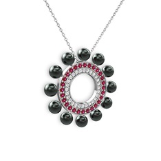 Siyah inci, pırlanta ve rodolit garnet 14 ayar beyaz altın kolye (0.42 karat, 40 cm beyaz altın rolo zincir)