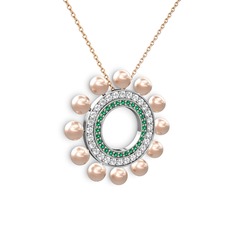 Pembe inci, yeşil kuvars ve pırlanta 18 ayar beyaz altın kolye (0.2464 karat, 40 cm rose altın rolo zincir)