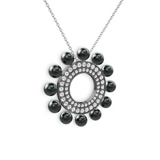 Velinda İnci Kolye - Siyah inci, pırlanta ve swarovski 925 ayar siyah rodyum kaplama gümüş kolye (0.42 karat, 40 cm gümüş rolo zincir) #s9go6a