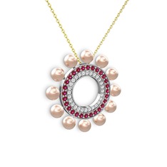 Velinda İnci Kolye - Pembe inci, pırlanta ve rodolit garnet 8 ayar beyaz altın kolye (0.42 karat, 40 cm altın rolo zincir) #seauh9