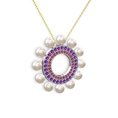 Velinda İnci Kolye - Inci, rodolit garnet ve ametist 925 ayar gümüş kolye (40 cm altın rolo zincir) #thf107