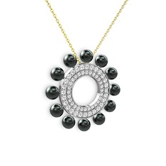 Siyah inci, swarovski ve pırlanta 925 ayar gümüş kolye (0.2464 karat, 40 cm altın rolo zincir)