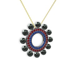 Velinda İnci Kolye - Siyah inci, lab safir ve garnet 925 ayar siyah rodyum kaplama gümüş kolye (40 cm altın rolo zincir) #tu60
