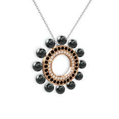 Siyah inci, pırlanta ve siyah zirkon 14 ayar rose altın kolye (0.42 karat, 40 cm beyaz altın rolo zincir)