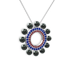 Siyah inci, garnet ve lab safir 18 ayar beyaz altın kolye (40 cm beyaz altın rolo zincir)