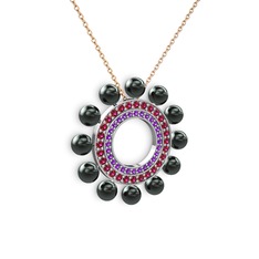 Siyah inci, ametist ve rodolit garnet 18 ayar beyaz altın kolye (40 cm rose altın rolo zincir)