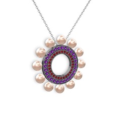 Velinda İnci Kolye - Pembe inci, garnet ve ametist 925 ayar siyah rodyum kaplama gümüş kolye (40 cm beyaz altın rolo zincir) #wgaeu2