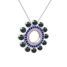 Velinda İnci Kolye - Siyah inci, pembe kuvars ve lab safir 14 ayar beyaz altın kolye (40 cm beyaz altın rolo zincir) #wy6ei7